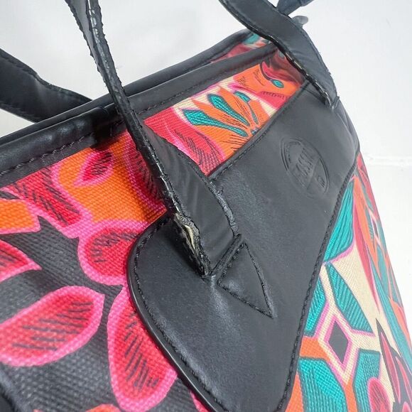 Fossil KeyPer Orange and Pink Flower Floral Tote Bag Black Leather Purse - Picture 8 of 11